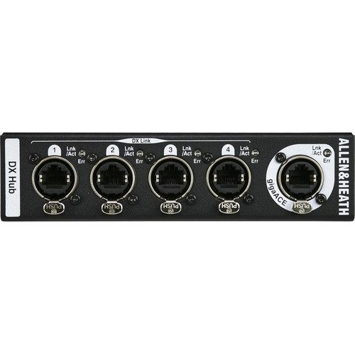 Compatible with any SQ digital mixer or dLive system fitted with a gigaACE I/O option card, the Allen & Heath DX Hub is a remote audio-networking hub, which provides four DX Link ports, each carrying 32×32 I/O of 96 kHz audio. It allows you to connect one DX32 expander or up to two DX168/DX164-W expander units to each of the DX Link ports and add up to 128 remote inputs and 64 remote outputs to your system. With dLive, multiple DX Hub modules can be used for further expansion or for dual redundancy.