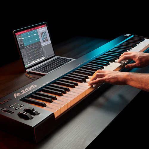 The Q88 MKII from Alesis is an 88-key USB/MIDI keyboard controller featuring semi-weighted, velocity-sensitive keys, packaged in a compact and portable form. Suitable for both stage and studio use, the controller features assignable pitch and modulation wheels along with octave transpose buttons and a data slider.