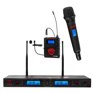 Nady 2W-1KU HTLT Dual True Diversity 1000-Channel Professional UHF Wireless System with 1 handheld microphone & 1 lapel microphone – autoscan – automatic transmitter pairing – all metal construction. Full-featured 1000-channel select UHF wireless system for the most demanding applications. Dual receiver for simultaneous operation of 2 transmitters. Frequency agile, clear channel, interference-free performance.