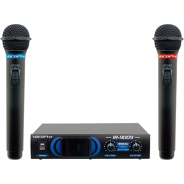 The IR-9009 Infrared Dual Wireless Microphone System from VocoPro uses the Infrared (IR) technology color coded system to effectively eliminate the signal interference. The included external sensor allows for a customizable performing area to ensure reception. Each microphone is powered by two AA batteries, either alkaline or rechargeable. It also includes two microphone channels with individual volume controls. The system uses up to three IR sensors simultaneously. Two microphone channels with individual volume controls Utilizes Infrared (IR) Technology that effectively eliminates signal interference Large on-board IR sensor for reception Includes one additional external IR sensor for increased range and signal strength in large rooms Use up to three IR sensors simultaneously Individual 1/4" output for each microphone signal Mixed 1/4" output for combined microphone signal Operates on two AA batteries per microphone