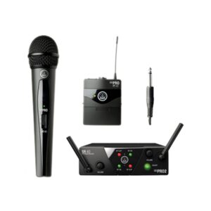 The WMS40 Mini Wireless Handheld & Bodypack Dual System from AKG features a SR40 mini dual-channel receiver, HT40 handheld transmitter, PT40 bodypack transmitter, and MKG L instrument cable. The system is small, portable, easy to set up, and is suitable for houses of worship, hotels, gyms, or band applications.