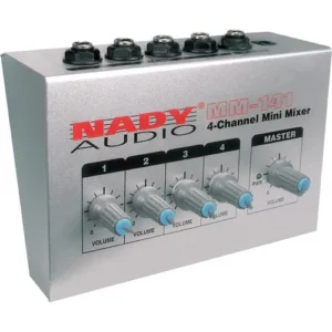 The Nady MM-141 4-Channel Mini Mixer provides unbalanced line-level mixing in a compact and durable design. The mixer has a heavy-duty steel construction with smooth-turn ultra-stable pots and high-quality jacks for lasting durability. It offers four 1/4″ line inputs, which are mixed to a single 1/4″ output. Individual level controls are provided for each channel, and a master volume control with an integrated on/off switch is also available.