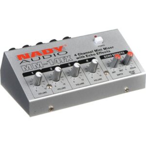 The Nady MM-14FX is a mono, four-channel mixer in a compact form factor. The mixer gives you four 1/4″ inputs designed for microphones, and a single 1/4″ output.