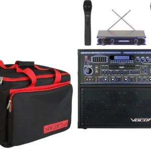 Includes: 1 GIGSTAR Professional Karaoke Jam-Along System With Built-In Digital Tuner 1 VHF-3000 Dual Channel VHF Wireless Microphone System 1 Protective BAG-34 GIG-STAR Features: Efficient 4-speaker cabinet design pumps 100W total power (peak to peak) All-in-one system design, perfect for live gigs, portable use and DVD home entertainment Multi-Format player with Direct Track Access Supports DVD, VCD, CD+G, Mp3, Photo-CD, CD, CD-R, CD-RW Formats AM/FM Tuner lets you sing along to your favorite popular hits 1/4" Guitar and Keyboard inputs with Individual Volume controls Two 1/4" / XLR Microphone inputs with Bass, Treble and Individual Volume controls Digital Echo, Repeat and Delay controls for vocal enhancement 14-step Digital Key Controller to transpose the key of built-in disc player audio Vocal Cancel and Partner modes for canceling vocals from multiplexed media 7-Band Equalizer for precise audio adjustments and room tuning External speaker jacks with internal/external speaker selector Remote control for easy operation Inputs/Outputs: 3 A/V(RCA)and 2A/V(RCA)/1 balanced audio (L/R XLR), YUV, COAXIAL, S-video 115V AC IN NTSC/PAL compatible VHF-3000 Features: 2 Wireless Handheld Mics Included 2 Mic Outputs Individual Volume Controls for Precise Vocal Balancing Antennas Provide Clear RF Reception VHF Band (220 MHz - 255 MHz) Quartz Lock for Drift Free Operation Rugged 1 RU Metal Receiver Chassis Rack-mountable with Included Mounting Brackets