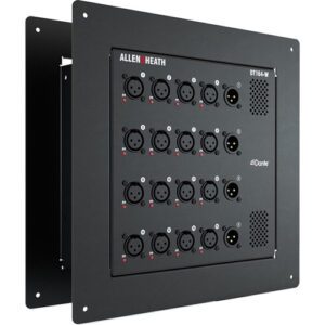 The Allen & Heath DT164-W is a 16×4 wallmount Dante/AES67 audio I/O expander offering tight integration with dLive and SQ Series mixers for live stage applications such as houses of worship, concert venues, and theaters. It features 16 low-noise microphone preamps and four line outputs, all on balanced 3-pin XLR connectors. 48V phantom power is selectable per input while 16 LEDs indicate the phantom power status for all inputs. Internal 96 kHz converters deliver the detailed audio quality and high resolution that modern productions demand.