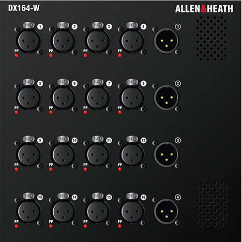 The DX164-W is a wall mountable expander that adds remote I/O to a dLive system. Each DX164-W features 16 mic preamps with independent Phantom Power LED indicators, plus 4 XLR line outs. Up to 6 DX164-W units can be connected to a standard dLive system – 4 via the MixRack and 2 via the Surface – allowing up to 96 remote inputs and 24 remote outputs in addition to those provided by the MixRack and Surface. Up to 46 units can be added to a dLive system via a DX Link card or DX Hub (808 analogue inputs, 224 analogue outputs).
