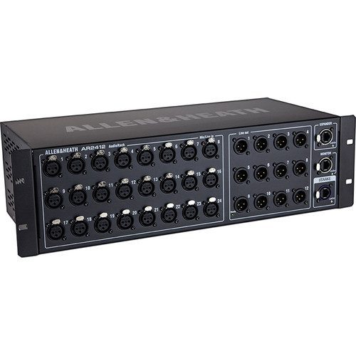 The black Allen & Heath AR2412M provides 24 XLR inputs and 12 XLR outputs when connected to a GLD-80 or GLD-112 mixer. Connection is over a Cat5 cable running Allen & Heath’s dSNAKE protocol, allowing the AR2412 to be positioned up to 120m from the mixer. dSNAKE provides control to the remote preamp, and all mic preamps are scene recallable. For larger systems, an AR84 or AB168 AudioRack can be connected to the AR2412 to add up to 16 further XLR inputs and 8 XLR outputs. AR2412 also includes an Aviom Pro16 compatible Monitor port.