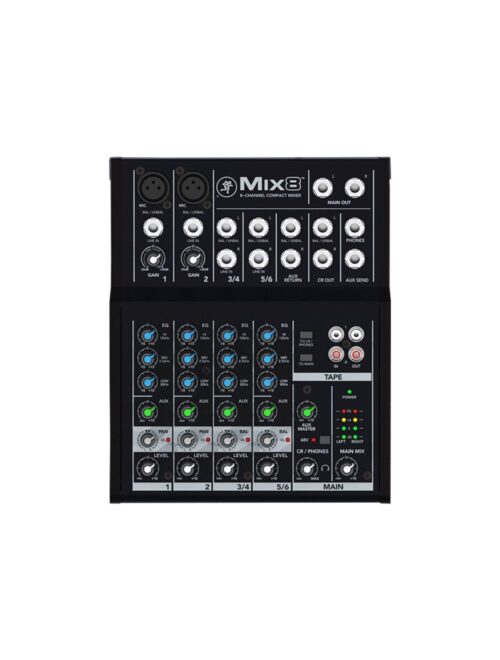 The Mackie Mix8 is an 8-channel compact mixer that features high quality components, a rugged metal chassis, and is designed for a variety of sound reinforcement applications. The mixer features two mic/line inputs with 48V phantom power, two stereo 1/4″ line inputs, and stereo 1/4″ aux send and return. It is capable of accommodating dynamic and condenser microphones, keyboards, DJ setups, portable music players, and more.