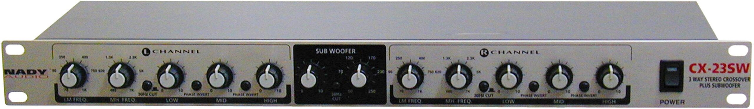 The Nady CX23SW 3-Way Stereo Crossover gives you options for virtually all live sound reinforcement amplifier configurations. High slew rate circuitry, over 115dB dynamic range, phase inversion switches, low-cut subsonic filters for low-frequency driver protection, servo-balanced XLR inputs, and shielded internal power supply provide pro functionality anybody can afford.