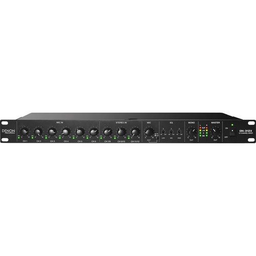 The Denon DN312X is a 1U rack-mounted 12-channel mixer with microphone priority, well suited for live performance, karaoke, bars, clubs, studios, and more. The mixer features 6 combo XLR-1/4″ inputs that are switchable between Mic, Line and Phantom Power (PH), which allows for compatibility with condenser microphones. Channel-1 offers a variable mic priority knob, which at its lowest setting will mute all other microphone channel inputs entirely when a signal is present on Mic 1. The highest setting has no effect at all, while any setting in between works well for ducking music when making announcements.