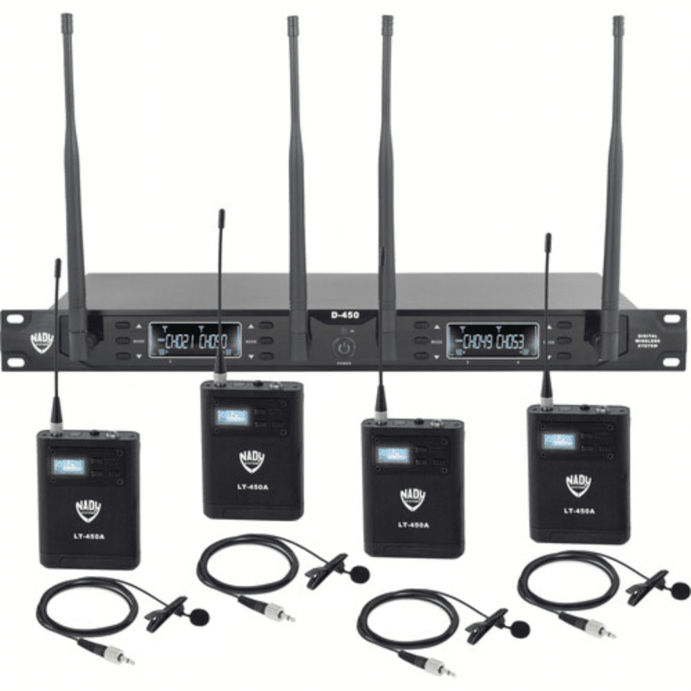 The Nady DW-44 Digital Microphone Systems have the superior sound quality of digital audio technology in an easy-to-use and cost-effective package with top professional operating features like; 48 kHz / 24-bit digital audio conversion, low latency, and clear channel operation in the UHF 900MHz band providing interference-free performance for any application. With four independent wireless receivers built into a single rack space the DW-44 is perfect for houses of worship, School plays, University classrooms, Auditoriums and Performance venues. DW-44 Frequencies -905.80, 917.30, 910.70, 925.90 MHz.