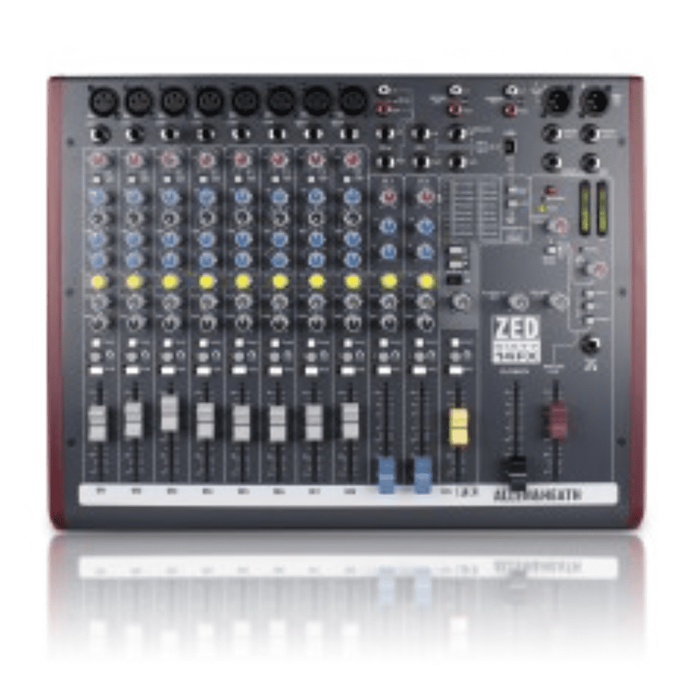 The Allen & Heath ZED60-14FX Live and Studio Mixer is a 10-channel mixer with 16 built-in effects that is designed for an array of live and studio applications. Channels 1 through 6 have Neutrik XLR connectors for mic level signals, and 1/4″ TRS inputs for balanced or unbalanced line level signals. Channels 7 and 8 also have Neutrik XLRs, but feature Class A FET Hi-Z instrument-level inputs for direct connection of electric guitars and basses. Additionally, channels 1 through 8 are all equipped with 3-band EQ and 48V phantom power.