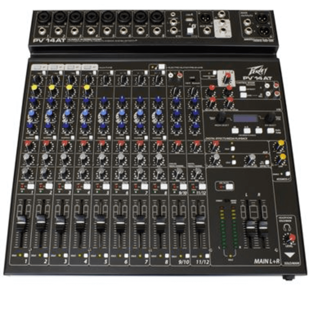 The Peavey PV 14 AT shares all of the features of the PV 14 BT but also features 4 channels of Antares world-famous Autotune for subtle pitch correction or to create a robotic vocal effect. Other features include 8 channels of reference-quality mic preamps with 48 volt phantom power, 8 direct outputs for recording, full featured stereo channel and media channels with Bluetooth wireless input allows seamless connection to almost any “smart” device, high quality digital effects with LCD display.