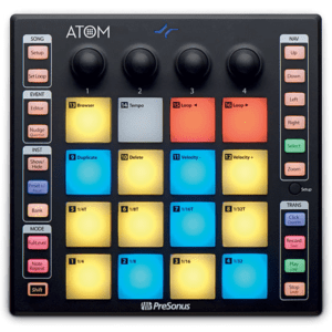 The PreSonus ATOM is a versatile, portable production and performance MIDI controller, well suited for artists, DJs, and producers. The ATOM is a pad-based USB 2.0 controller compatible with most major DAWs, while offering direct hardware integration with PreSonus’s Studio One and Ableton Live software, allowing for virtual instrument and preset browsing, creating loop points and timeline navigation, tempo control, MIDI editing and quantization, zoom, transport control, and more.