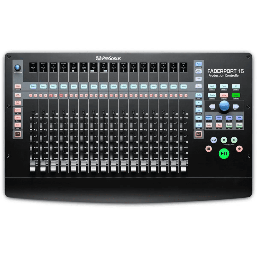 The PreSonus Faderport 16 is a 16-channel mix production controller featuring 16 long-throw 100mm touch-sensitive, motorized faders and 16 digital scribble-strip displays. Navigation, automation, and channel controls make mixing and getting around your favorite DAW fast and easy with compatibility for virtually any DAW host for Mac OS X or Windows. The controller supports HUI and Mackie Control emulations plus native control of Studio One.