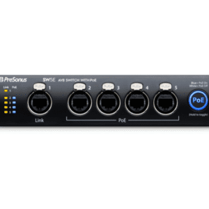 The PreSonus SW5E is a rugged AVB network switch, designed to connect digital audio devices over long distances using CAT5e or CAT6 Ethernet cable. The device provides Power over Ethernet (PoE) and allows for the routing of audio anywhere on the network with extremely low latency. The AVB protocol provides a high-precision clock that significantly reduces harmonic distortion and phasing, ensuring the audio remains clean and clear.
