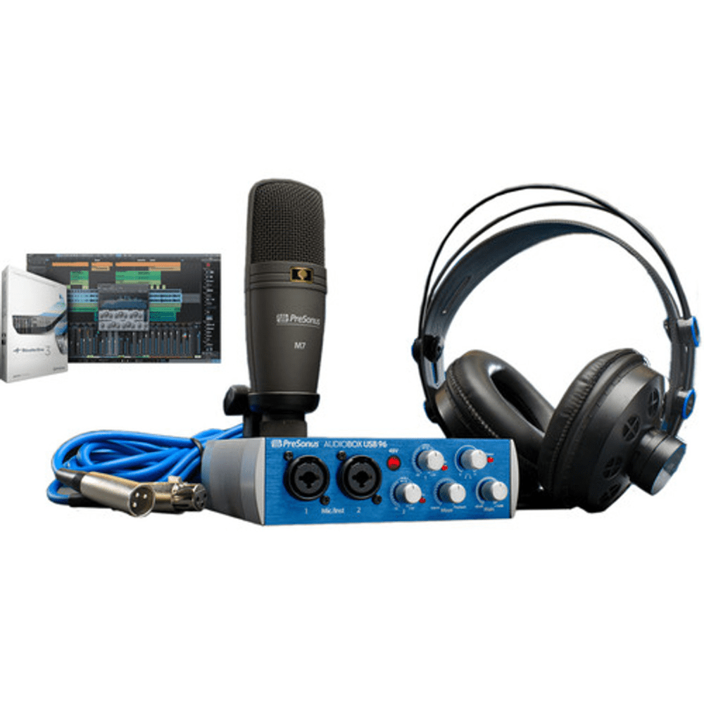The blue PreSonus AudioBox 96 Studio is a complete recording package that combines the blue AudioBox USB 96 audio/MIDI interface, Studio One Artist recording and production software, the M7 large-diaphragm condenser microphone, and a pair of HD7 professional headphones to create an all-in-one solution for musicians and engineers wishing to produce professional music.