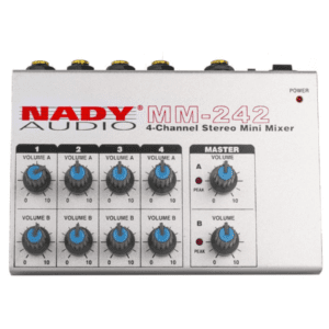 The Nady MM-242 is a line-level mixer capable of handling eight unbalanced mono inputs or four unbalanced stereo inputs in stereo pairs. At 5.8 x 4.3 x 2.1″, the unit provides a compact and durable design, constructed as it is out of heavy-duty steel, and boasting smooth-turn, stable pots.