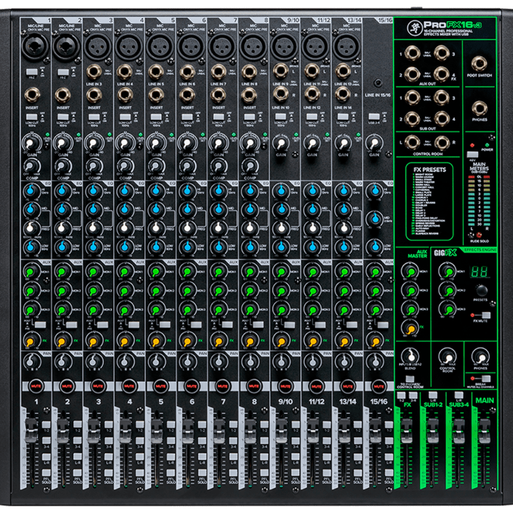 The Mackie ProFX16v3 is a 16-channel mixing console featuring 11 Onyx microphone preamps with 60 dB of headroom and a built-in effects engine with 24 built-in FX, making it well suited for live sound, home recording, and content creators. The integrated 2×4 USB audio interface offers high-quality 24-bit / 192 kHz recording and playback with zero-latency monitoring.