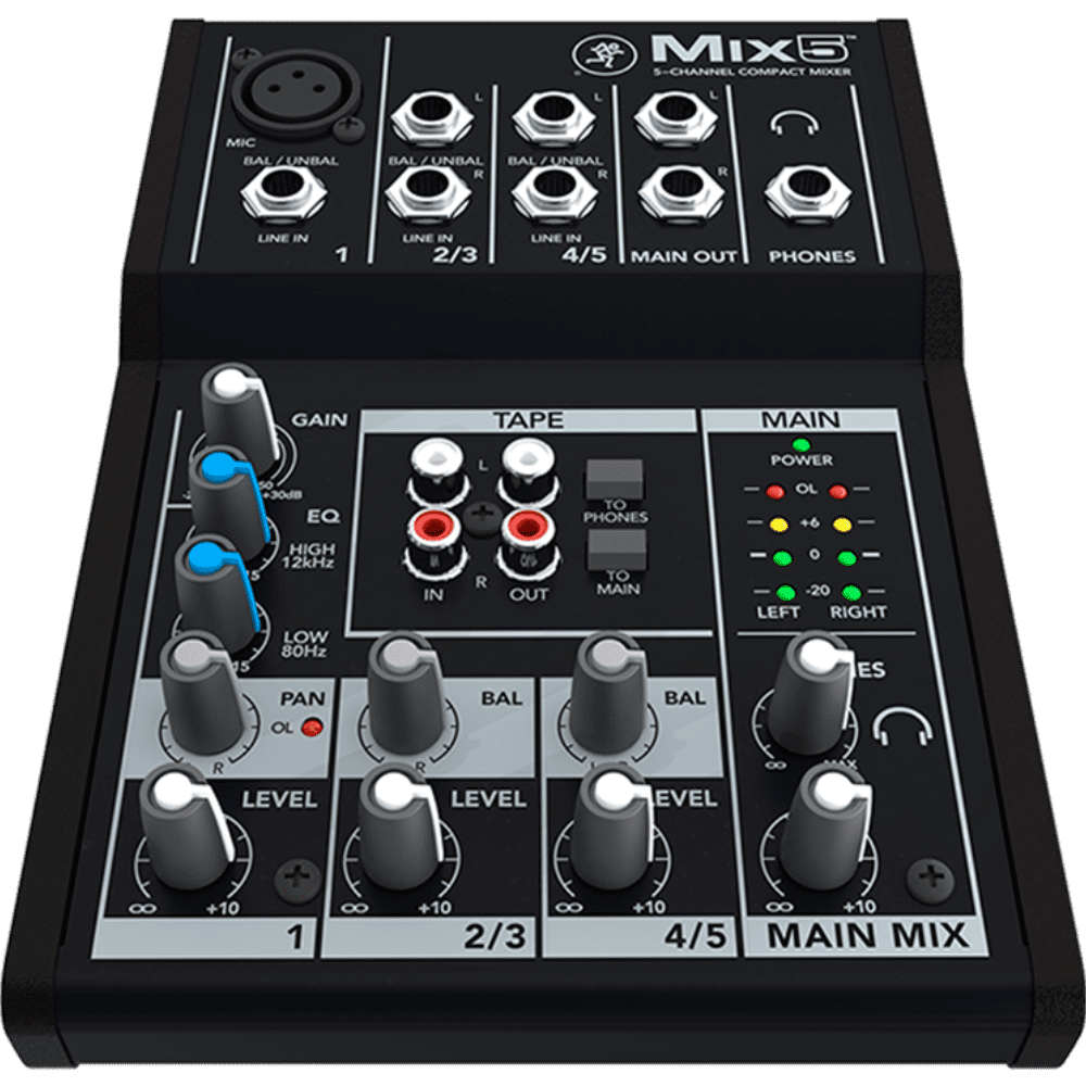 The Mackie Mix5 is a 5-channel compact mixer that features high-quality components, a rugged metal chassis, and is designed for a variety of sound reinforcement applications. The mixer features one mic/line input, two stereo 1/4″ line inputs, and is capable of accommodating dynamic and condenser microphones, keyboards, DJ setups, portable music players, and more.