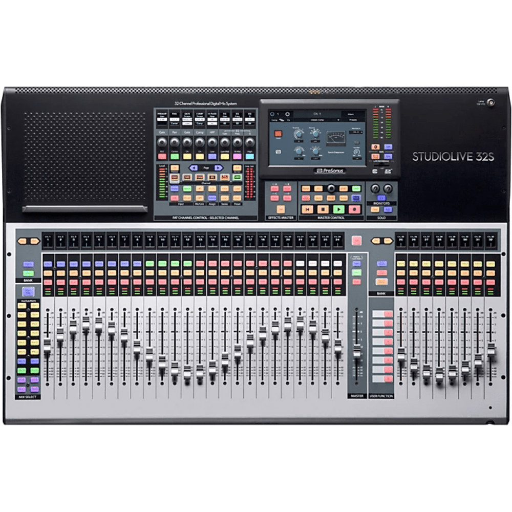 Designed for live sound reinforcement, live recording, and studio recording applications, the PreSonus StudioLive 32S is a Series III S 40-channel digital mixing console, recorder, and audio interface in a single enclosure. The mixer features an integrated hardware and software system with a full-color touchscreen, 33 touch-sensitive, motorized faders and 32 recallable XMAX preamps. The powerful dual-core FLEX DSP engine supercharges the mixer with Fat Channel vintage-style EQs and compressors on every channel, plus a four-slot FLEX FX processor that can run heralded digital reverbs and delays. Streamline your workflow with recallable scene presets, virtual sound check, and the supplied software library, which empowers you with remote control from a computer or iPad, remote monitor mixing using a mobile device, and all the software you need to track, edit, mix, and distribute your music.