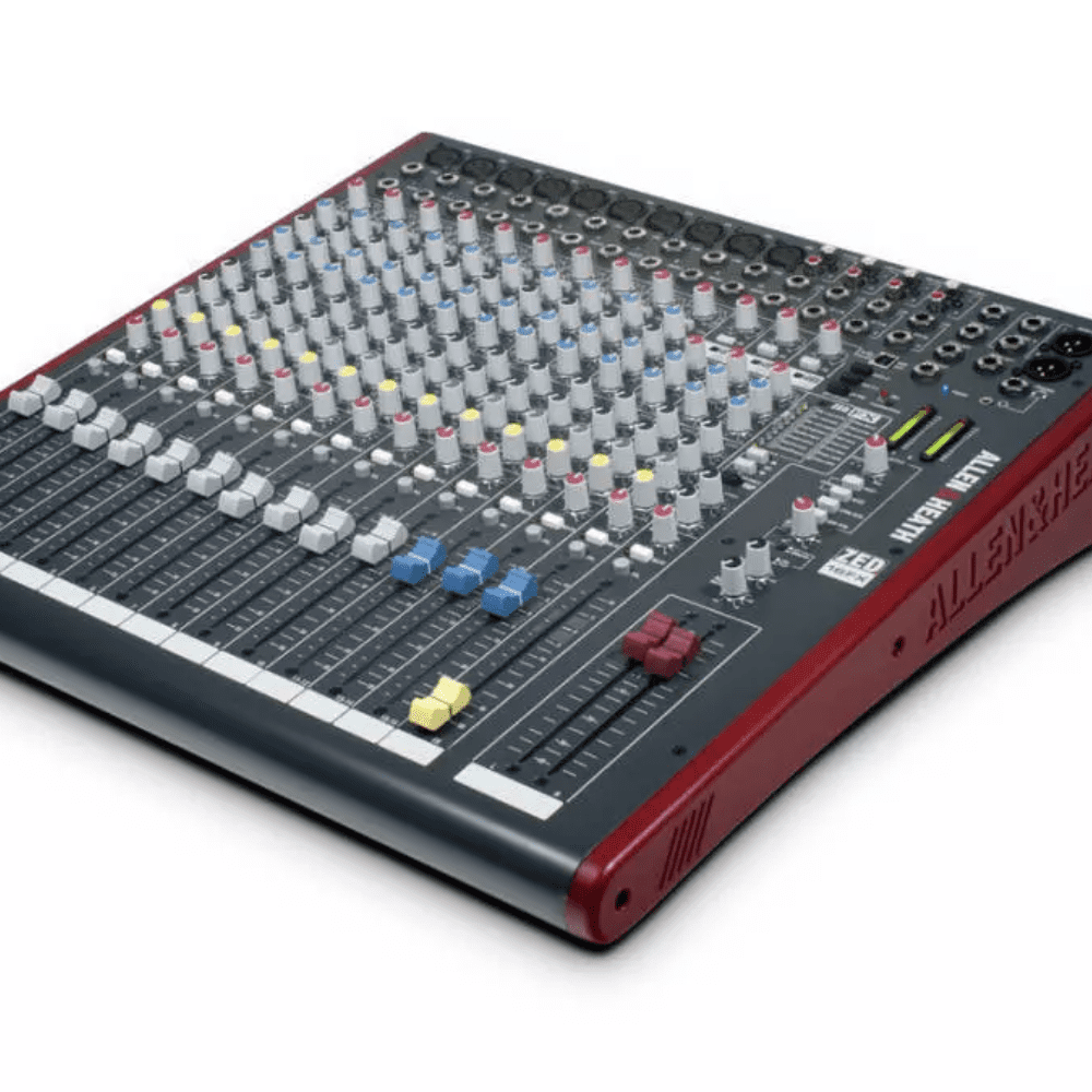 The Allen & Heath ZED-16FX 16-Channel Recording and Live Sound Mixer with FX & USB is a flexible, compact mixing desk for today’s home studio, project recording and small live sound reinforcement applications. The ZED-16FX features 16 inputs comprised of 10 mono and 3 stereo channels.