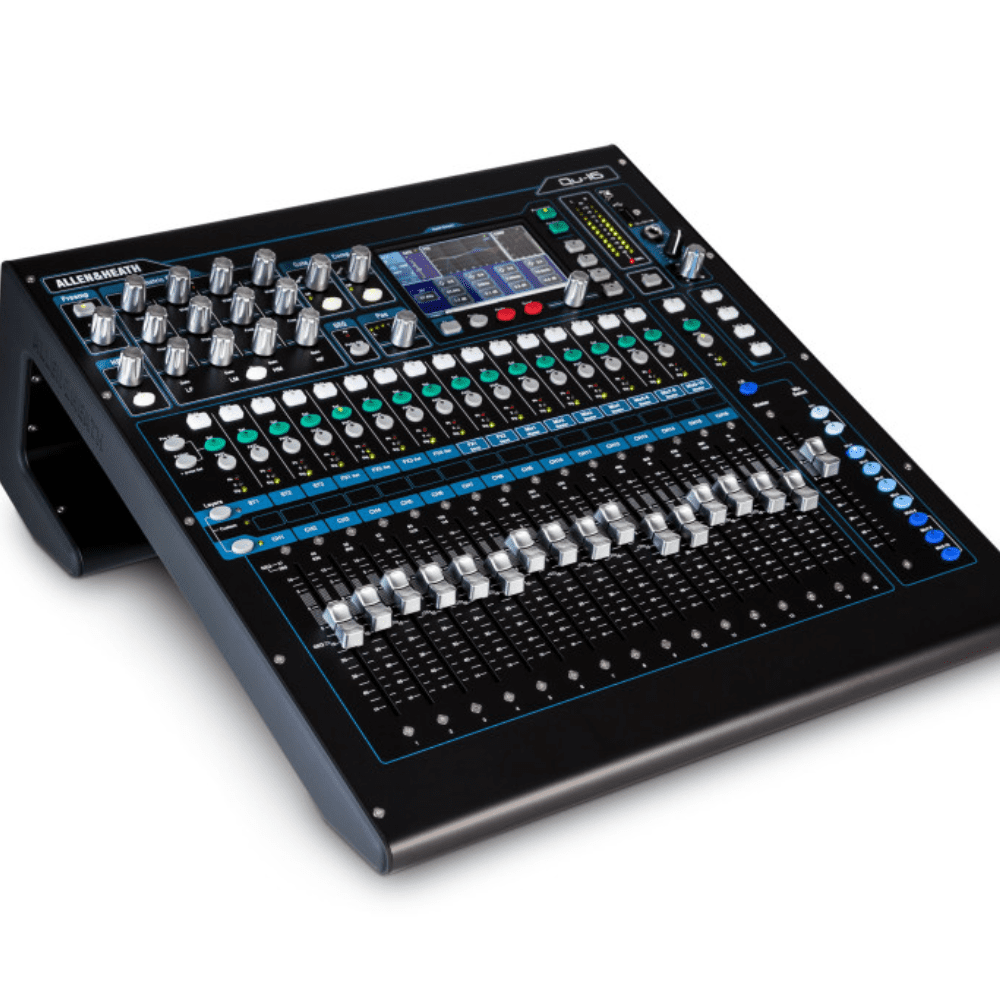 The chrome edition of the Allen & Heath Qu-16C Rackmountable Digital Mixer is a 16-channel digital mixer and USB audio interface designed for live and installed sound as well as studio use. The chrome edition adds high-contrast chrome rotary and fader knobs that improve visibility in dark conditions, as well as a number of software enhancements from the updated firmware (V1.8). It features 16 mic- or line-selectable inputs and 3 stereo line inputs. Its 16 anaLOGIQ microphone preamps have digitally recallable settings that can be saved and recalled for future sessions. The Qu-16 has a variety of output options, including 4 mono XLR mix outputs, 3 XLR stereo-pair mix outputs, an alternative TRS stereo-pair mix output, a TRS stereo-pair 2-track output, and a 2-channel AES digital output.