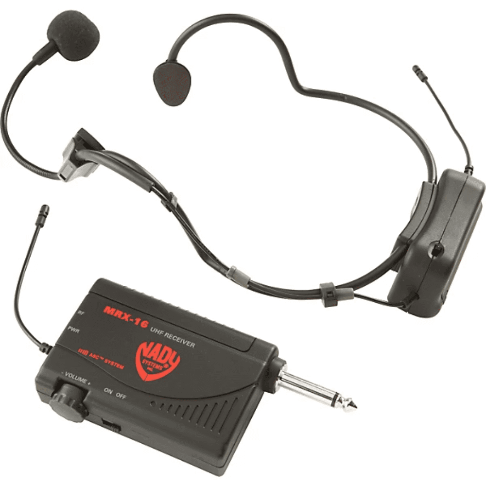 The Nady MicroWHM-16X Headmic Wireless System Includes the MRX-16 Instrument Receiver. The compact, lightweight WH-16 Head-Worn Transmitter fits snugly on the back of the head. No cord connection needed. The headset frame is completely rubberized for comfortable, trouble-free performance. A flexible gooseneck allows optimum microphone positioning.