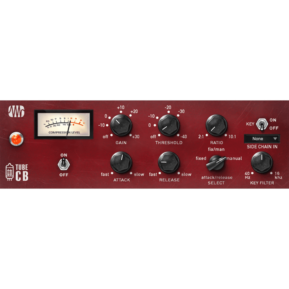 In general, the response time of optical compressors tends to soften the attack and release, which can smooth out uneven volume fluctuations. Emulating an all-tube, optical design, the Tube CB compressor delivers musicality, preserving the clarity of the signal even at the most extreme settings.