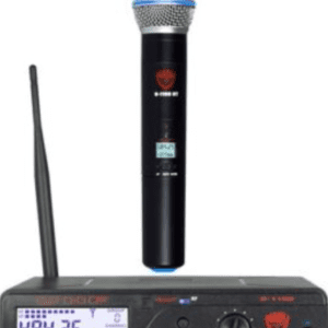 The Nady U-1100 HT UHF Cardioid Dynamic Wireless Handheld Microphone System includes a 100-channel U-1100 single receiver, an AC-1100 power supply, and one HT-1100 handheld transmitter microphone. The U-1100 has 100 selectable UHF frequencies to provide clear and transparent audio with full-frequency response.
