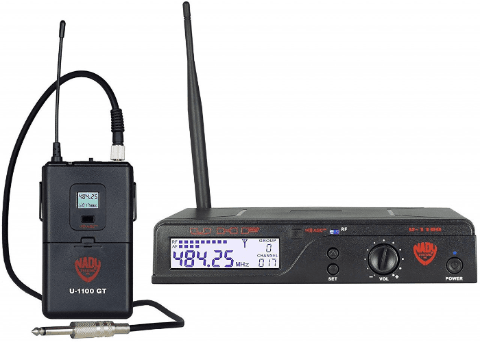 The Nady U-1100 GT Instrument Bodypack System is designed for guitar players who wish to roam about the stage wirelessly. It includes a U-1100 receiver, power supply, a U-1100GT transmitter, and a cable to attach your transmitter to your instrument. This system gives you 100 selectable UHF frequencies, providing a clear transmission and full frequency response in the process. The system provides uninterrupted PLL UHF performance, giving you 120 dB of dynamic range, and a range of up to 500′ line of sight. A built-in auto-scan function allows you to ascertain open channels and then pair the components of your system quickly and conveniently. Auto-scan can also be used to set-up multiple systems for simultaneous operation within the same space. The units feature a rugged ABS housing to ensure durability.