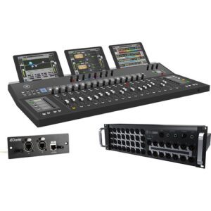 The Mackie DL32R Digital Mixer, DC-16 Control Surface, and DL Dante Expansion to create the primary components of the AXIS Digital Mixing System, well suited for live performance venues, event halls, schools, houses of worship, clubs, or any venue wishing to install a flexible, professional-quality digital mixer. The DL32R is a 32-channel wireless digital audio mixer and USB 2.0 audio interface that allows the entire process of live sound mixing to be controlled with an iPad, and allows for personal monitor mixing with any iOS device, such as an iPhone or iPod touch. It delivers a live-sound-mixing experience that takes advantage of the iOS touchscreen and wireless control capabilities, while providing a wealth of professional features to accommodate a wide variety of sound reinforcement and recording applications.