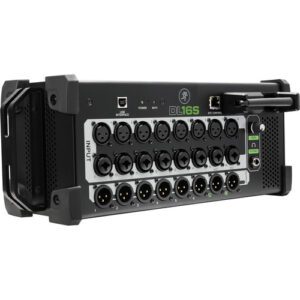The Mackie DL16S is a 16-channel wireless digital live sound mixer with integrated Wi-Fi, well suited for musicians, engineers, clubs, bars, coffee shops, and more. The mixer features 16 Onyx+ recallable preamps available on 8 XLR inputs and 8 combo XLR-1/4″ inputs, while 8 fully-assignable outputs are available on XLR connectors, plus there is a dedicated 1/4″ headphone output.