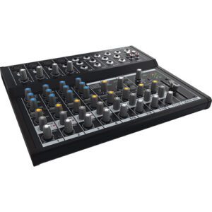 The Mackie Mix12FX is a 12-channel compact mixer with built-in effects that features high quality components, a rugged metal chassis, and is designed for a variety of sound reinforcement applications. The mixer features four mic/line inputs with 48V phantom power and four stereo 1/4″ line inputs, capable of accommodating dynamic and condenser microphones, keyboards, DJ setups, portable music players, and more.