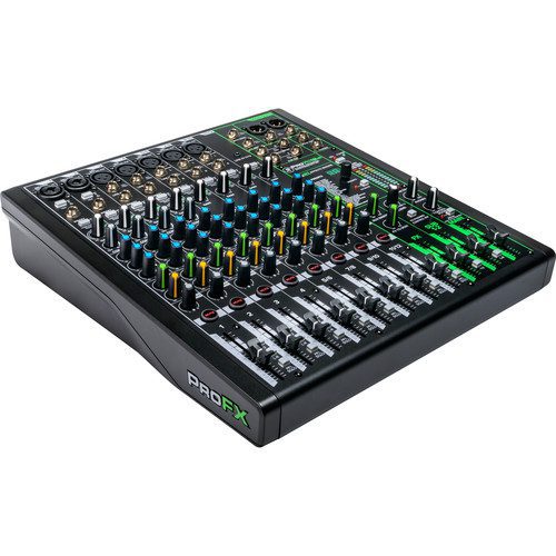 The Mackie ProFX12v3 is a 12-channel mixing console featuring seven Onyx microphone preamps with 60 dB of headroom and a built-in effects engine with 24 built-in FX, making it well suited for live sound, home recording, and content creators. The integrated 2×4 USB audio interface offers high-quality 24-bit / 192 kHz recording and playback with zero-latency monitoring.