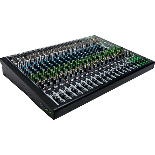 The Mackie ProFX22v3 is a 22-channel mixing console featuring 17 Onyx microphone preamps with 60 dB of headroom and a built-in effects engine with 24 built-in FX, making it well suited for live sound, houses of worship, rehearsal studios, and more. The integrated 2×4 USB audio interface offers high-quality 24-bit / 192 kHz recording and playback with zero-latency monitoring.