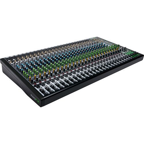 The Mackie ProFX30v3 is a 30-channel mixing console featuring 25 Onyx microphone preamps with 60 dB of headroom and a built-in effects engine with 24 built-in FX, making it well suited for live sound, houses of worship, rehearsal studios, and more. The integrated 2×4 USB audio interface offers high-quality 24-bit / 192 kHz recording and playback with zero-latency monitoring.