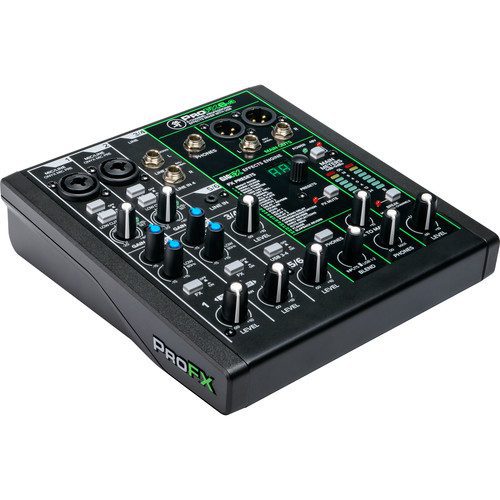 The Mackie ProFX6v3 is a 6-channel mixing console featuring two Onyx microphone preamps with 60 dB of headroom and a built-in effects engine with 24 built-in FX, making it well suited for live sound, home recording, and content creators. The integrated 2×4 USB audio interface offers high-quality 24-bit / 192 kHz recording and playback with zero-latency monitoring.