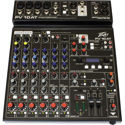 The Peavey PV 10 AT Mixing Console is a professional non-powered mixer for studio and live applications. The console features reference-quality microphone pre-amps with a .0007% THD, a pair of direct outputs for recording, a stereo input channel, a dedicated media channel, and an effects send jack with level control.