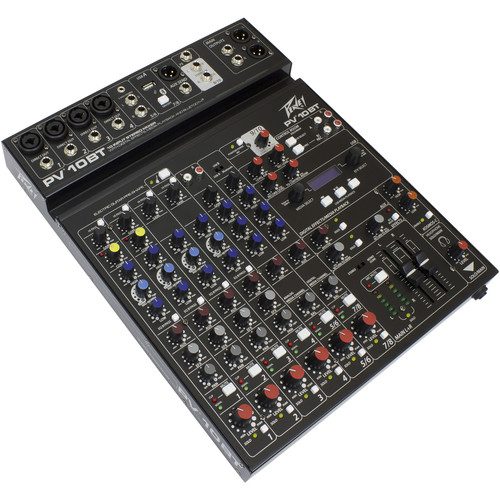 The Peavey PV 10 BT Mixing Console is a professional non-powered mixer for studio and live applications. The console features reference-quality microphone pre-amps with a pair of direct outputs for recording, a stereo input channel, a dedicated media channel, and an effects send jack with level control.