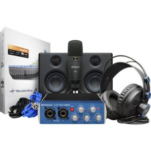 The blue PreSonus AudioBox Studio Ultimate Bundle is a deluxe hardware and software recording collection that combines a blue AudioBox USB 96 audio/MIDI interface, Studio One Artist recording and production software, an M7 large-diaphragm cardioid condenser microphone with a desktop tripod stand, Eris E3.5 3.5″ 2-way 25W studio monitors, a pair of HD7 over-ear headphones, and all the cables needed to interconnect this all-in-one solution for musicians and engineers producing professional music.