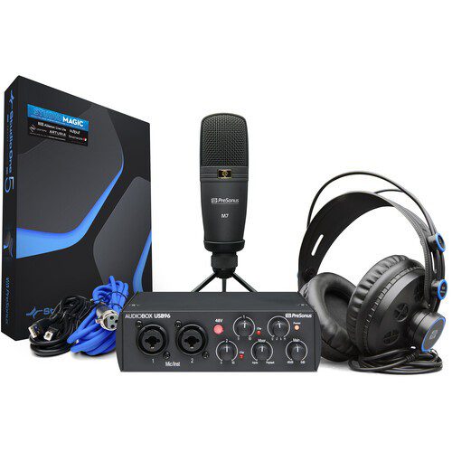 The 25th Anniversary Black PreSonus AudioBox 96 Studio is a complete recording package that combines the 25th Anniversary Black AudioBox USB 96 audio/MIDI interface, Studio One Artist recording and production software, the M7 large-diaphragm condenser microphone, and a pair of HD7 professional headphones to create an all-in-one solution for musicians and engineers wishing to produce professional music.