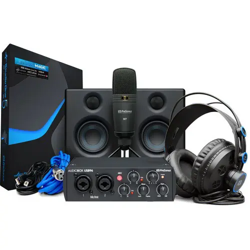 The 25th Anniversary Black PreSonus AudioBox Studio Ultimate Bundle is a deluxe hardware and software recording collection that combines a 25th Anniversary Black AudioBox USB 96 audio/MIDI interface, Studio One Artist recording and production software, an M7 large-diaphragm cardioid condenser microphone with a desktop tripod stand, Eris E3.5 3.5″ 2-way 25W studio monitors, a pair of HD7 over-ear headphones, and all the cables needed to interconnect this all-in-one solution for musicians and engineers producing professional music.