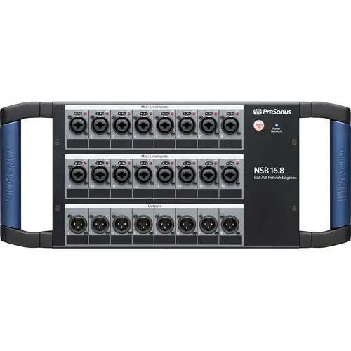 Designed to work seamlessly with PreSonus StudioLive Series III mixers, the PreSonus NSB 16.8 stage box offers 16 locking combo mic/line inputs with remote-controlled XMAX preamps that include gain compensation for shared input scenarios, as well as 16 direct inputs via AVB. All inputs can be controlled from a StudioLive Series III console and from free PreSonus UC Surface software.