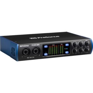 The PreSonus Studio 68c is a 6×6 USB Type-C audio/MIDI interface offering high-resolution conversion and a powerful software package for vocalists, musicians, and podcasters in home/project studios and mobile setups. Connect mic-, instrument-, or line-level sources via four XLR-1/4″ combo inputs, each utilizing its own gain control and XMAX Class-A mic preamp with selectable phantom power. Operate at up to 24-bit / 96 kHz resolution without sacrificing channel count or 176.4 kHz or 192 kHz sample rates with 4×4 I/O functionality.