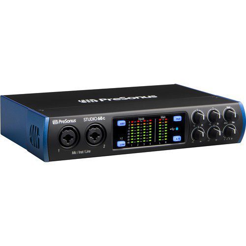The PreSonus Studio 68c is a 6×6 USB Type-C audio/MIDI interface offering high-resolution conversion and a powerful software package for vocalists, musicians, and podcasters in home/project studios and mobile setups. Connect mic-, instrument-, or line-level sources via four XLR-1/4″ combo inputs, each utilizing its own gain control and XMAX Class-A mic preamp with selectable phantom power. Operate at up to 24-bit / 96 kHz resolution without sacrificing channel count or 176.4 kHz or 192 kHz sample rates with 4×4 I/O functionality.