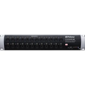 The PreSonus StudioLive 24R is a Series III, 24-channel 2 RU stagebox and rack mixer designed to serve as a simple stage box, rack mixer, or combination stagebox and monitor mixer. The 24R is equipped for AVB networking, allowing it to be connected to another Series III mixer via a single, lightweight CAT5e or CAT6 Ethernet cable, eliminating the need for heavy, expensive copper snakes, and the signal degradation caused by long cable runs. All the on-board XMAX microphone preamps can be remotely controlled from the front-of-house position. In stage box + monitor mixer mode, the StudioLive 24R not only serves as a professional networked stage box, but is a full-blown monitor mixer with advanced processing and mixing power.