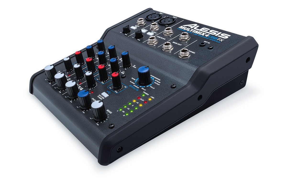 Desktop audio, solved. MultiMix 4 USB FX is a four-channel desktop mixer with a USB digital audio interface that lets you mix live, in the home studio, and record audio directly to a computer. This compact mixer is perfect for using in computer-recording setups, intimate live-sound environments, video-editing and production studios, and portable podcasting setups. It outputs line-level analog audio and stereo 16-bit, 44.1/48 kHz digital audio over USB for recording low-noise, CD-quality mixes directly to your Mac or PC.