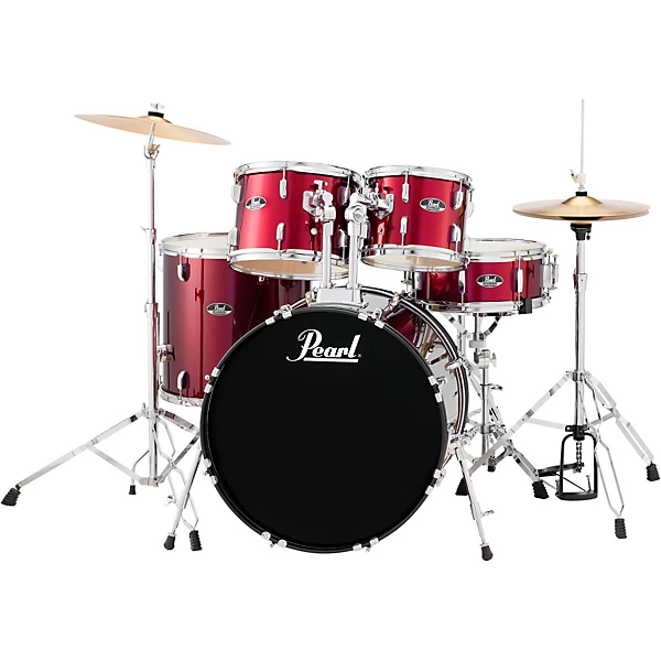 Get your show on the road in one complete package with Pearl's Roadshow 5-piece drum set. Formed from multiple plies of bonded hardwood, Roadshow drum shells feature 6-ply poplar shells for optimal tone, molded to fabricate a resonance chamber that projects powerfully when you strike the drumhead. A drum's bearing edge is where much of its tonal character begins, and Roadshow drums sport hand-cut 45-degree bearing edges that contact the head optimally for solid, punchy tone and easier tuning. This complete Pearl Roadshow kit includes drums, cymbals, hardware — and even sticks and a stick bag — so you can get up and drumming right away. High-impact kick and snare Your bass drum is the heartbeat of your kit, setting the pulse for the groove. Indeed, the kick is the foundation for your entire drum set. Pearl's Roadshow bass drum gives you an extended tension/tuning range for low, chest-pounding bass frequencies, and includes locking, slip-free spurs and secure mounting for your toms and accessories. The Roadshow snare — the voice of your drum set — delivers everything from the loudest accents to the most delicate ghost notes. It's packed with power and attack, yet sensitive enough for any musical genre, at any volume. Quality hardware Sweetwater drummers know that good, solid hardware makes life easier. The Pearl Roadshow 5-piece drum set comes with cymbal, hi-hat, and snare drum stands that provide a strong, balanced tripod base. These stands are adjustable for height and angle and feature double-braced legs and interlocking tilter adjustments, so your drum set stays put during the intensities of live performance.