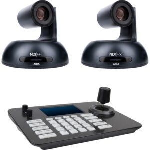 Each camera features 18x optical zoom, up to 1080p60 video capture, and simultaneous video output via IP, HDMI, and NDI|HX. They support IR remote control, 128 presets, RS-232 serial control, streaming video, and they can drop right into an existing NDI network. The PTZ View control surface allows you to control up to 999 cameras via IP and features a 4D joystick, button camera select, PoE, and its decoder allows you to view the active camera on its built-in color LCD.